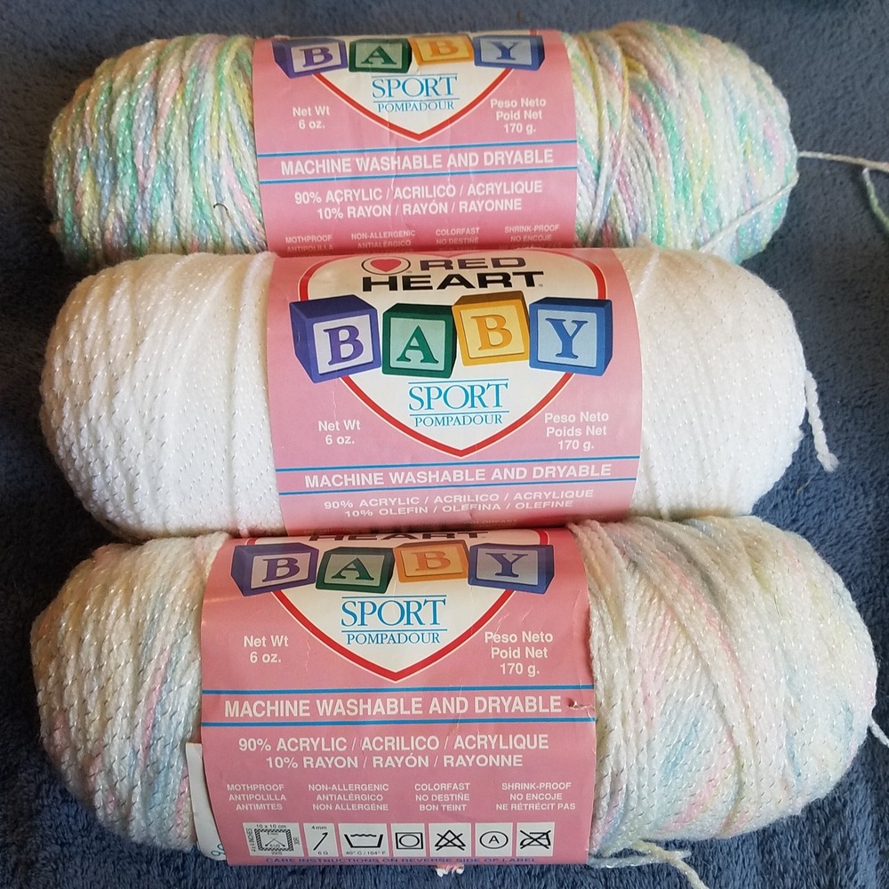 Red Heart Baby Sport Pompadour Yarn 3 Skeins White Pastel 18oz  New 3-Ply